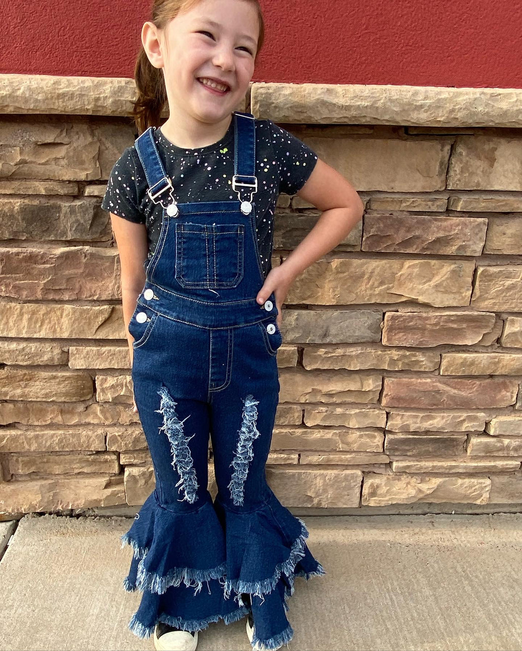Tiered Ruffle Bottom Distressed Overalls
